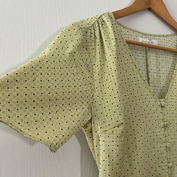 Love, Whit Citron Dot Midi Maxi Dress Womens Tie Waist‎ Green Whitney Port Sz M - Picture 5 of 13